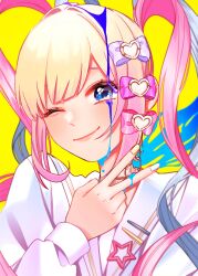 Rule 34 | 1girl, ;), absurdres, blonde hair, blue bow, blue eyes, blue hair, bow, chouzetsusaikawa tenshi-chan, closed mouth, commentary request, hair bow, hand up, highres, korean commentary, long hair, long sleeves, looking at viewer, multicolored hair, nail polish, needy girl overdose, one eye closed, paint splatter, paint splatter on face, pink bow, pink hair, pyong (0oe0oe), quad tails, simple background, smile, solo, upper body, v, yellow background, yellow nails