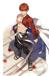 Rule 34 | 00047, 1boy, abs, cape, emiya shirou, fate/grand order, fate (series), highres, holding, holding sword, holding weapon, igote, japanese clothes, male focus, orange hair, red hair, senji muramasa (fate), short hair, solo, sword, weapon, yellow eyes