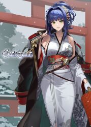 Rule 34 | 1girl, bare shoulders, blue hair, breasts, coat, commentary request, copyright name, cuboon, day, epaulettes, evertale, floral print, gloves, green eyes, hair ornament, highres, holding, japanese clothes, kimono, large breasts, lips, logo, long hair, looking at viewer, ludmilla (evertale), obi, official art, oil-paper umbrella, outdoors, parted lips, sash, sleeveless, smile, snow, snowing, torii, umbrella, white gloves, wide sleeves