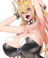 Rule 34 | 1girl, :d, absurdres, armpits, arms behind head, bad id, bad pixiv id, blonde hair, blush, bowsette, bracelet, breasts, cleavage, crown, earrings, era (erasion), eyes visible through hair, hair between eyes, highres, horns, jewelry, large breasts, long hair, looking at viewer, mario (series), nintendo, open mouth, sharp teeth, simple background, sleeveless, smile, solo, spiked bracelet, spikes, super crown, teeth, tongue, very long hair, white background