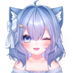 1girl :3 ahoge animal_ear_fluff animal_ears bare_shoulders bear_hair_ornament blue_camisole blue_eyes blush bow camisole cat_ears collarbone fang hair_between_eyes hair_bow hair_intakes hair_ornament hairclip looking_at_viewer medium_hair one_eye_closed open_mouth pegasasu_(iz_bear8) pink_lips portrait rusk_(komado_booth) smile solo transparent_background vrchat white_bow