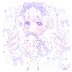 Rule 34 | 1girl, blush, bow, chibi, closed mouth, commentary request, dress, full body, gradient hair, grey hair, hair bow, heart, heart background, himetsuki luna, knees together feet apart, long hair, multicolored hair, hugging object, original, pink hair, puffy short sleeves, puffy sleeves, purple bow, purple eyes, purple footwear, ringlets, shoes, short sleeves, sidelocks, simple background, solo, stuffed animal, stuffed rabbit, stuffed toy, twintails, very long hair, white background, white bow, white dress, white wings, wings