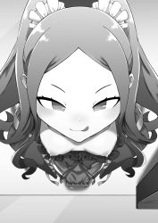 Rule 34 | 1girl, breasts, breasts out, chinese clothes, fate/grand order, fate (series), forehead, from above, greyscale, highres, licking lips, long hair, monochrome, nipples, parted bangs, small breasts, smile, solo, standing, tatsumaki udon, tongue, tongue out, twintails, wu zetian (fate)