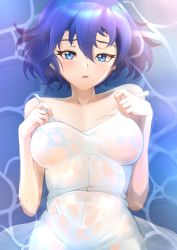 Rule 34 | 1girl, blue eyes, blue hair, blush, breasts, catria (fire emblem), deekei, dress, fire emblem, fire emblem: shadow dragon and the blade of light, highres, looking at viewer, medium breasts, nintendo, no nipples, open mouth, short hair, solo, strap slip, water, wet, wet clothes, wet dress, white dress