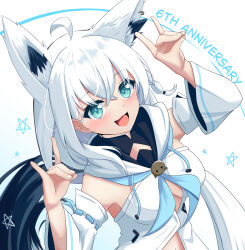 Rule 34 | 1girl, :d, absurdres, ahoge, animal ear fluff, animal ears, anniversary, aqua eyes, blue neckerchief, braid, breasts, commentary request, detached sleeves, double fox shadow puppet, earrings, extra ears, fox ears, fox girl, fox shadow puppet, fox tail, hair between eyes, hands up, highres, hololive, hood, hoodie, hosituki wataru, jewelry, long hair, long sleeves, looking at viewer, medium breasts, neckerchief, open mouth, pentagram, shirakami fubuki, shirakami fubuki (1st costume), side braid, sidelocks, simple background, single earring, smile, solo, tail, virtual youtuber, white background, white hair, white hoodie, white sleeves, wide sleeves