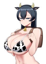 Rule 34 | 1girl, absurdres, animal ears, animal print, backpack, bag, bare arms, bikini, bikini day, black hair, blue eyes, breasts, brown bag, brown choker, choker, closed mouth, collarbone, commentary request, cow ears, cow horns, cow print, cowboy shot, eo masaka, expressionless, eyebrows, eyebrows hidden by hair, eyelashes, hair between eyes, hairband, half-closed eyes, highres, holding strap, horns, huge breasts, navel, original, shadow, simple background, solo, stomach, straight hair, strap gap, swimsuit, upper body, white background