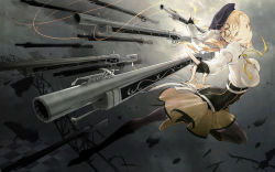 Rule 34 | 10s, 1girl, arm warmers, backlighting, beret, blonde hair, breasts, drill hair, fingerless gloves, foreshortening, gloves, gun, hat, highres, large breasts, magical girl, magical musket, mahou shoujo madoka magica, mahou shoujo madoka magica (anime), narrow waist, ornate, outstretched arms, puffy sleeves, qni, rifle, short hair, smile, solo, spread arms, thighhighs, tomoe mami, twintails, weapon, yellow eyes