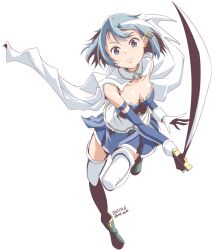 Rule 34 | 1girl, blue eyes, blue hair, blue skirt, boots, cape, dated, detached sleeves, floating clothes, fortissimo, gloves, green footwear, hair ornament, holding, holding sword, holding weapon, kneehighs, looking at viewer, magical girl, mahou shoujo madoka magica, mahou shoujo madoka magica (anime), miki sayaka, mr nini, musical note, musical note hair ornament, running, short hair, simple background, skirt, socks, solo, sword, twitter username, weapon, white background, white gloves, white socks