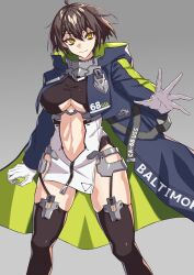 Rule 34 | 1girl, ahoge, azur lane, baltimore (azur lane), black shirt, black thighhighs, blue coat, braid, breasts, brown hair, center opening, closed mouth, clothes writing, clothing cutout, coat, commentary request, cowboy shot, dress, french braid, garter straps, gloves, hair between eyes, highres, hood, hood down, hooded coat, large breasts, long sleeves, looking at viewer, navel, open clothes, open coat, ouka (sakura oinari), partial commentary, pelvic curtain, shirt, short hair, sidelocks, simple background, skindentation, smile, solo, standing, stomach, stomach cutout, taut clothes, taut shirt, thighhighs, underboob, underboob cutout, white dress, white gloves, yellow eyes, zipper pull tab