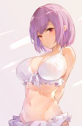 Rule 34 | 10s, 1girl, arms behind back, bad id, bad pixiv id, bikini, blush, breasts, cleavage, closed mouth, commentary request, frilled bikini, frills, front-tie top, gridman universe, hana mori, highres, large breasts, light purple hair, looking at viewer, navel, red eyes, shinjou akane, short hair, solo, ssss.gridman, standing, swimsuit, white bikini