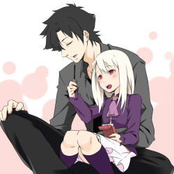 Rule 34 | 1boy, 1girl, age difference, black hair, boots, dress, emiya kiritsugu, closed eyes, facial hair, fate/stay night, fate/zero, fate (series), father and daughter, feeding, illyasviel von einzbern, kisara04, long hair, necktie, pocky, purple footwear, red eyes, sitting, sitting on lap, sitting on person, stubble, white hair