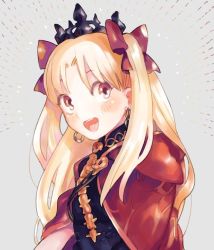 Rule 34 | 1girl, blonde hair, blush, bow, cape, cloak, earrings, ereshkigal (fate), fate/grand order, fate (series), grey background, hair bow, hood, hood down, hooded cloak, image sample, jewelry, long hair, looking at viewer, open mouth, orange eyes, parted bangs, red bow, red cape, simple background, smile, solo, spine, teeth, tiara, tohsaka rin, twintails, twitter sample, two side up, upper body, upper teeth only, urayamashiro (artist)