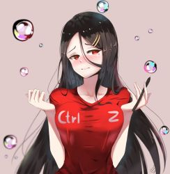 Rule 34 | 1girl, absurdres, bare arms, black hair, blush, breasts, bubble, closed mouth, collarbone, commentary, hair between eyes, hair ornament, hairclip, highres, holding, large breasts, long hair, looking at viewer, lovesexieie, mole, mole under eye, original, parted bangs, pencil, red eyes, red shirt, shirt, signature, solo