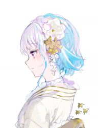 Rule 34 | 1girl, bird, blue hair, blush, closed mouth, flower, frilled kimono, frills, from side, fuzichoco, gradient hair, hair between eyes, hair flower, hair ornament, highres, japanese clothes, kimono, lize helesta, lize helesta (6th costume), looking ahead, medium hair, multicolored hair, nijisanji, purple eyes, sidelocks, silver hair, simple background, smile, solo, two-tone hair, upper body, virtual youtuber, white background, white kimono