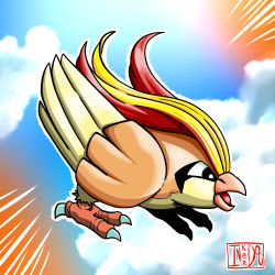 Rule 34 | artist logo, artist name, beak, bird, bird legs, bird wings, blonde hair, blue sky, bright pupils, claws, cloud, colored skin, creatures (company), feathered wings, feathers, full body, game freak, gen 1 pokemon, highres, inker dog, monster, nintendo, no humans, open mouth, outline, pidgeot, pokemon, pokemon (creature), red hair, self-upload, sky, solo, white outline, white pupils, wings