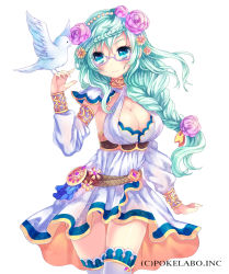 Rule 34 | 1girl, animal, armlet, belt, bird, bird on hand, blue eyes, braid, breasts, cleavage, criss-cross halter, detached sleeves, dove, dress, feathers, flower, glasses, green hair, halterneck, jewelry, juke, large breasts, lots of jewelry, rose, semi-rimless eyewear, simple background, single braid, solo, source request, thigh gap, thighhighs, under-rim eyewear, unmei no clan battle, white background, white dress, white feathers, white thighhighs