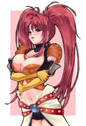 Rule 34 | 1girl, blush, breasts, cleavage, midriff, nanaly fletch, navel, red eyes, red hair, solo, sweat, tales of (series), tales of destiny 2, twintails