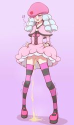 Rule 34 | 10s, 1girl, :d, blue eyes, blush, cabbie hat, capelet, cleft of venus, clothes lift, dress, dress lift, embarrassed, female focus, full body, happinesscharge precure!, hat, highres, hosshiwa, lifting own clothes, long hair, mary janes, no panties, ogry ching, open mouth, peeing, platform footwear, precure, purple background, pussy, ringlets, shoes, silver hair, simple background, smile, solo, standing, striped clothes, striped thighhighs, sweatdrop, thighhighs, trembling, uncensored