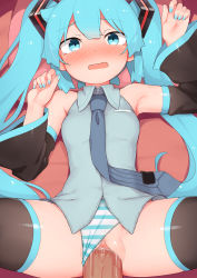 Rule 34 | 1girl, abmayo, aqua nails, armpits, bare shoulders, black sleeves, black thighhighs, blue eyes, blue nails, blush, breasts, censored, closed eyes, closed mouth, clothing aside, collared shirt, commentary request, detached sleeves, disembodied penis, facing viewer, hands up, hatsune miku, hetero, highres, long hair, long sleeves, looking at viewer, lying, mosaic censoring, nail polish, necktie, nose blush, on back, panties, panties aside, penis, pussy, sex, shirt, sleeveless, sleeveless shirt, small breasts, solo focus, spread legs, striped clothes, striped panties, tearing up, thighhighs, twintails, underwear, vaginal, very long hair, vocaloid