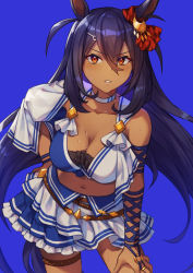 Rule 34 | 1girl, animal ears, black hair, blue background, blush, breasts, choker, cleavage, collarbone, commentary request, dark-skinned female, dark skin, hair between eyes, hand on own hip, hand on own thigh, highres, hishi amazon (umamusume), horse ears, horse girl, horse tail, large breasts, bridal garter, long hair, looking at viewer, midriff, navel, o-ring, orange eyes, revision, simple background, solo, suneru, sweat, tail, umamusume, very long hair, white choker