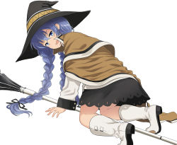 Rule 34 | 1girl, abe kanari, all fours, black hat, blue eyes, blue hair, boots, braid, from behind, full body, hair between eyes, hat, highres, long hair, long sleeves, looking at viewer, mushoku tensei, open mouth, roxy migurdia, simple background, solo, staff, twin braids, very long hair, white background, white footwear, witch hat