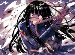 Rule 34 | 1girl, black hair, blue jacket, clenched teeth, dragon ball, dragon ball super, gun, highres, holding, holding weapon, jacket, long hair, looking ahead, mai (future) (dragon ball), panicking, rz pasta, tagme, teeth, weapon