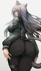Rule 34 | 1girl, animal ear fluff, animal ears, arknights, ass, black pants, breasts, cat ears, cat girl, cat tail, commentary request, from behind, highres, huge ass, kacyu, large breasts, long hair, looking at viewer, looking back, official alternate costume, pants, schwarz (arknights), schwarz (skyline) (arknights), silver hair, solo, tail, thighs, white background, yellow eyes