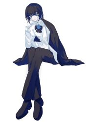 Rule 34 | 1girl, ado (utaite), black bow, black bowtie, black coat, black footwear, black hair, black pants, blue eyes, blue flower, blue rose, blush, bow, bowtie, chando (ado), closed mouth, cloud nine inc, coat, coat on shoulders, collared shirt, commentary, dress shirt, flower, flower brooch, full body, gloves, hashtag-only commentary, head rest, highres, long hair, long sleeves, looking at viewer, pants, phossscinnn, rose, shirt, short hair, simple background, smile, solo, utaite, white background, white gloves, white shirt