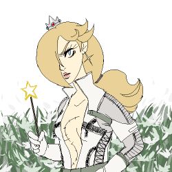 Rule 34 | blonde hair, blue eyes, cosplay, crossover, crown, earrings, gloves, grass, hair over one eye, jewelry, lowres, mario (series), metal gear (series), metal gear solid 3: snake eater, nintendo, ponytail, rosalina, scar, star (symbol), star earrings, super mario bros. 1, the boss, the boss (cosplay), wand, white background