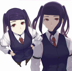 Rule 34 | 1girl, :/, asakiri koko, bartender, breasts, closed mouth, commentary request, expressionless, from above, full body, hands on own hips, highres, jill stingray, long hair, long sleeves, looking at viewer, looking up, medium breasts, multiple views, necktie, pantyhose, purple hair, purple skirt, purple vest, red eyes, red necktie, shirt, simple background, skirt, standing, swept bangs, twintails, upper body, va-11 hall-a, vest, white background, white shirt