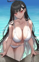 Rule 34 | 1girl, absurdres, bikini, black hair, blue archive, blunt bangs, breasts, cleavage, collarbone, hair ornament, hairclip, halo, highres, large breasts, leaning forward, long hair, navel, parted lips, pool, red eyes, rio (blue archive), solo, stomach, swimsuit, thighs, very long hair, water, wet, white bikini, yukiaka