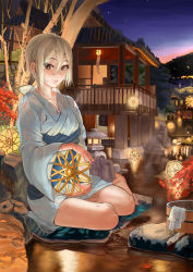 Rule 34 | 1girl, absurdres, blonde hair, brown eyes, evening, highres, house, idolmaster, idolmaster cinderella girls, idolmaster cinderella girls starlight stage, japanese clothes, kimono, lamp, legs folded, lips, looking at viewer, night, night sky, onsen, outdoors, robe, shiomi syuko, short hair, sitting, sky, smile, snarkhunt, star (sky), steam, sweat, towel, tree, water, wet, wet clothes, wet hair
