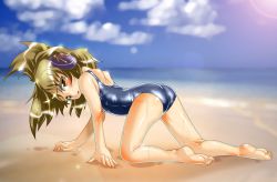 Rule 34 | 1girl, all fours, ass, barefoot, beach, blonde hair, blue one-piece swimsuit, blush, brown eyes, brown hair, commentary request, day, earmuffs, full body, looking back, one-piece swimsuit, sand, school swimsuit, shiny clothes, short hair, soles, solo, swimsuit, touhou, toyosatomimi no miko, wet, winn, yellow eyes
