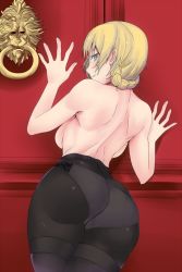 Rule 34 | 10s, 1girl, against door, ass, back, backboob, black pantyhose, blonde hair, blue eyes, blush, braid, breasts, come hither, crotch seam, darjeeling (girls und panzer), dateya torahachi, from behind, girls und panzer, highres, huge ass, large breasts, looking at viewer, looking back, naughty face, panties, panties under pantyhose, pantyhose, parted lips, shiny skin, short hair, smile, solo, thighband pantyhose, topless, underwear