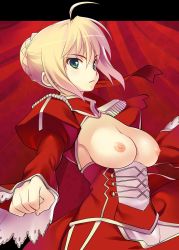 Rule 34 | 10s, 1girl, :&lt;, ahoge, azu, blonde hair, breasts, clenched hand, dress, epaulettes, fate/extra, fate/stay night, fate (series), green eyes, highres, jpeg artifacts, large breasts, nero claudius (fate), nero claudius (fate), nipples, solo, weapon