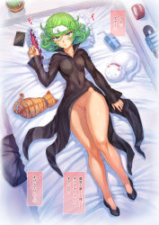 Rule 34 | 1girl, :o, alarm clock, bed, bed sheet, bedroom, black dress, blush, breasts, cat, censored, clock, covered navel, curly hair, dress, drink, drinking straw, from above, full body, green eyes, green hair, half-closed eyes, heart, heartbeat, high heels, indoors, legs, long sleeves, looking at viewer, lying, mogudan, no panties, on back, on bed, one-punch man, open mouth, pelvic curtain, phone, pillow, pointless censoring, short hair, small breasts, solo, speech bubble, tatsumaki, text focus, translation request