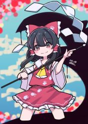 Rule 34 | 1girl, ascot, bare shoulders, black hair, blush, bow, brown eyes, collared shirt, commentary, cropped legs, dated, dated commentary, detached sleeves, dripping, frilled ascot, frilled bow, frilled shirt collar, frilled skirt, frills, gohei, hair bow, hair tubes, hakurei reimu, half updo, holding, legs apart, long hair, medium hair, midriff peek, monster, nontraditional miko, paw print, petticoat, red bow, red shirt, red skirt, shirt, sidelocks, signature, skirt, skirt set, sleeveless, sleeveless shirt, smile, split mouth, standing, thighs, touhou, umenodo, wily beast and weakest creature, yellow ascot