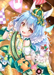 Rule 34 | 1girl, animal ears, bad id, bad pixiv id, blue hair, rabbit, commentary request, crown, dessert, doughnut, dress, fake animal ears, flower knight girl, food, food on face, hair ornament, kodemari (flower knight girl), looking at viewer, low twintails, neco meito, open mouth, plate, sash, solo, spoon, twintails, yellow eyes