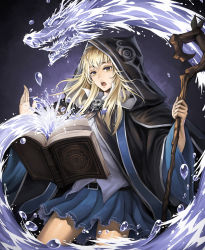 Rule 34 | 1girl, belt, blonde hair, blue skirt, book, cloak, cowboy shot, frills, highres, holding, holding staff, jchoy, long hair, long sleeves, magic, open book, open mouth, original, pleated skirt, skirt, solid circle eyes, solid oval eyes, solo, staff, water dragon, wide sleeves, witch, yellow eyes