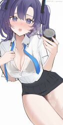 Rule 34 | 1girl, :o, absurdres, black bra, black skirt, blue archive, blush, bra, bra visible through clothes, breasts, breath, can, cleavage, collarbone, highres, holding, holding can, looking at viewer, medium breasts, miniskirt, necktie, nose blush, open collar, purple eyes, purple hair, reiko lape, shirt, simple background, skirt, solo, sweatdrop, two side up, underwear, undone necktie, white background, white shirt, yuuka (blue archive)