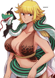 Rule 34 | 1girl, ahoge, amazon warrior, animal, aosora2823, artist name, black eyes, blonde hair, breasts, cleavage, commentary, epaulettes, highres, large breasts, looking at viewer, marguerite (one piece), one piece, short hair, simple background, smile, snake, solo, white background