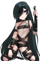 Rule 34 | 1girl, bare shoulders, black hair, bodysuit, fate/grand order, fate (series), fishnet bodysuit, fishnets, gluteal fold, hair over one eye, highres, holding, holding weapon, k jin, kneeling, long hair, mochizuki chiyome (fate), navel, open mouth, purple eyes, solo, very long hair, weapon