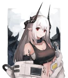 Rule 34 | 1girl, arknights, bare shoulders, black horns, black sports bra, breasts, chest sarashi, cleavage, closed mouth, collar, collarbone, ear piercing, genieko, hair ornament, horns, jumpsuit, large breasts, long hair, looking at viewer, material growth, mudrock (arknights), mudrock (elite ii) (arknights), navel, off shoulder, open jumpsuit, oripathy lesion (arknights), piercing, pointy ears, red eyes, sarashi, silver hair, simple background, solo, sports bra, upper body, white jumpsuit