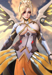 Rule 34 | 1girl, armor, artist name, blonde hair, bodysuit, boobplate, breastplate, breasts, cloud, cloudy sky, english text, faulds, gloves, gorget, halo, headgear, looking at viewer, mechanical halo, mechanical wings, medium breasts, mercy (overwatch), nose, overwatch, parted lips, patreon logo, pelvic curtain, photoshop (medium), ponytail, short hair, sky, solo, spread wings, white bodysuit, wings, yiqiang