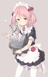 Rule 34 | 10s, 1girl, alternate costume, apron, badge, enmaided, frills, hair bobbles, hair ornament, heart, highres, holding, holding weapon, kantai collection, looking at viewer, maid, maid apron, maid headdress, pink background, pink eyes, pink hair, puffy short sleeves, puffy sleeves, rabbit, sazanami (kancolle), short hair, short sleeves, simple background, skirt, solo, sumisu (mondo), thighhighs, turret, twintails, waist apron, weapon, white thighhighs, wrist cuffs, zettai ryouiki