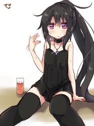 Rule 34 | 1girl, alternate hairstyle, amano kouki, bare shoulders, black dress, black hair, black thighhighs, collar, collarbone, cross, cup, dress, drink, drinking glass, ice, ice cube, jewelry, long hair, looking at viewer, necklace, note-chan, original, ponytail, purple eyes, sitting, sketch, sleeveless, sleeveless dress, solo, strapless, strapless dress, sweat, thighhighs, very long hair, zettai ryouiki