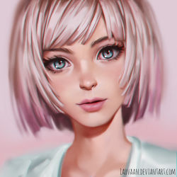 Rule 34 | 1girl, artist name, asymmetrical bangs, blue eyes, bob cut, chromatic aberration, close-up, deviantart username, eyebrows, eyelashes, gradient background, head tilt, ilya kuvshinov (style), laovaan, light smile, lips, looking at viewer, nose, original, parody, parted lips, photo-referenced, pink background, pink hair, pink lips, portrait, realistic, short hair, sichenmakeupholic, simple background, solo, style parody, watermark, web address