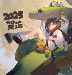 1girl 2025 :3 animal brown_eyes brown_hair chinese_zodiac commentary_request creature food fruit giant_snake green_snake hagoita headgear highres looking_at_viewer new_year okobo omikuji orange_(fruit) oversized_animal paddle red_scarf sandals scarf shirinda_fureiru snake socks solo tabi touhoku_kiritan voiceroid white_socks year_of_the_snake zundamon