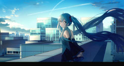Rule 34 | 1girl, ahoge, aqua eyes, aqua hair, bare shoulders, black skirt, blue sky, building, city, cityscape, cloud, contrail, day, detached sleeves, floating hair, grey shirt, hatsune miku, letterboxed, long hair, long sleeves, looking at viewer, miniskirt, necktie, outdoors, pleated skirt, popuru, rooftop, shirt, sidelocks, skirt, sky, smile, solo, standing, twintails, very long hair, vocaloid, wide sleeves