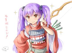 Rule 34 | 1girl, :&gt;, armor, armored boots, arrow (projectile), boots, bow, brown eyes, character name, emerane, hand on own hip, japanese clothes, long hair, purple hair, quiver, signature, simple background, solo, taga (oshiro project), twintails, v, very long hair, white background